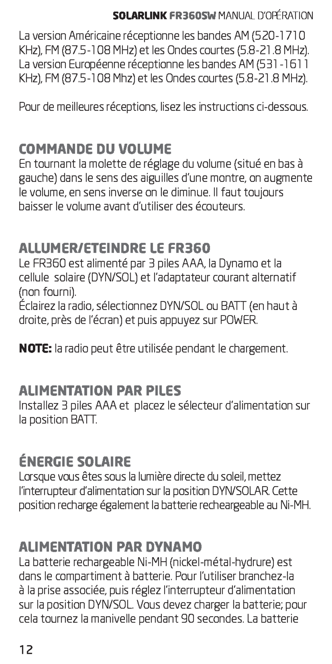 Eton Commande Du Volume, ALLUMER/ETEINDRE LE FR360, Alimentation Par Piles, Énergie Solaire, Alimentation Par Dynamo 