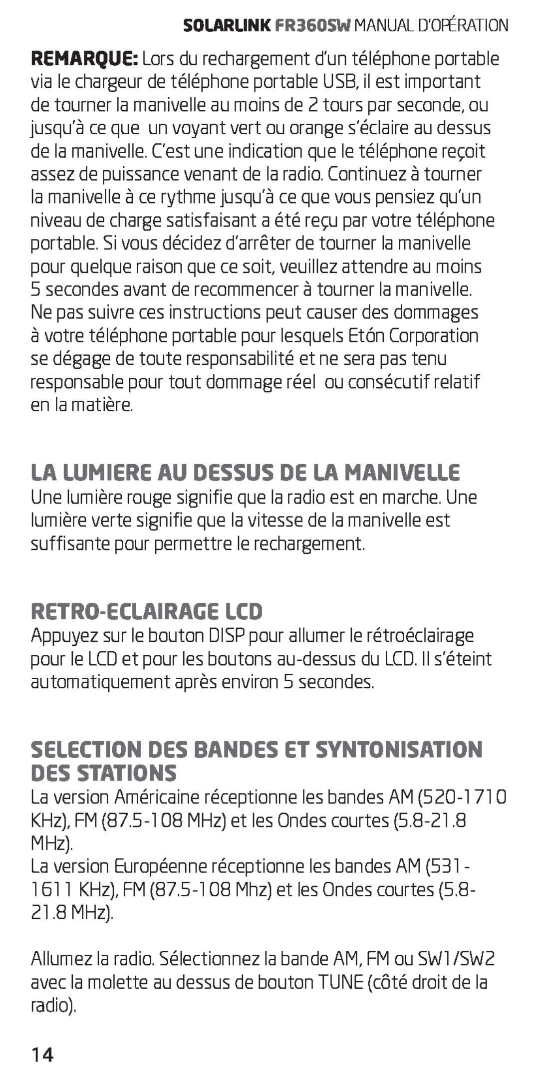 Eton FR360 owner manual La Lumiere Au Dessus De La Manivelle, Retro-Eclairagelcd 