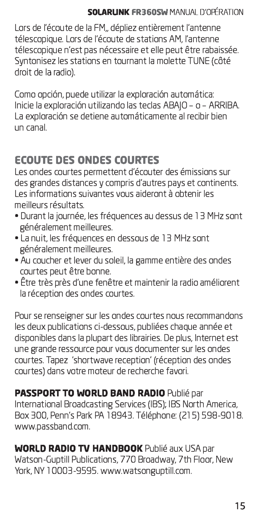 Eton FR360 owner manual Ecoute Des Ondes Courtes 