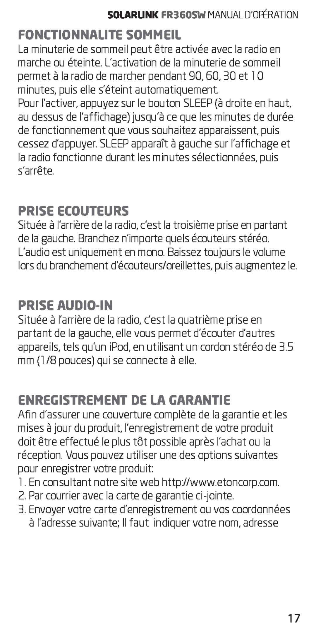 Eton FR360 owner manual Fonctionnalite Sommeil, Prise Ecouteurs, Prise Audio-In, Enregistrement De La Garantie 