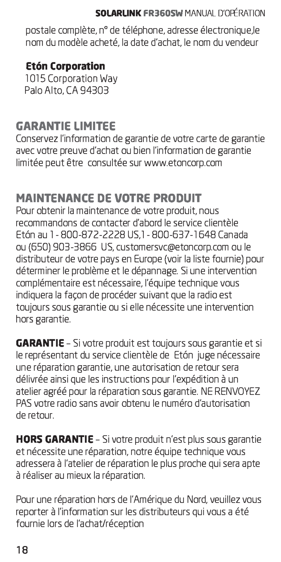 Eton FR360 owner manual Garantie Limitee, Maintenance De Votre Produit, Etón Corporation 
