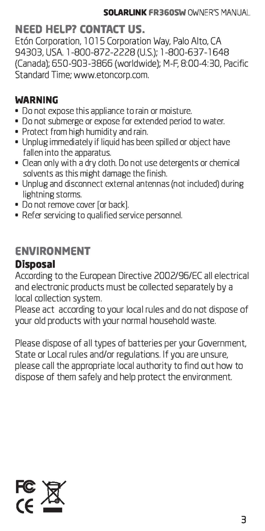 Eton FR360 owner manual Need Help? Contact Us, Environment, Disposal 