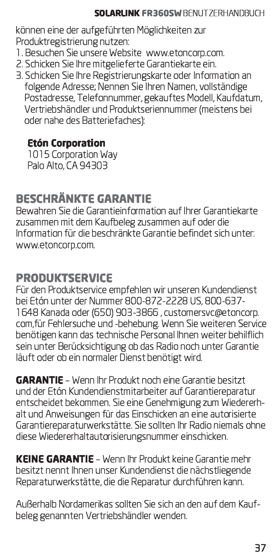 Eton FR360 owner manual Beschränkte Garantie, Produktservice, Etón Corporation 