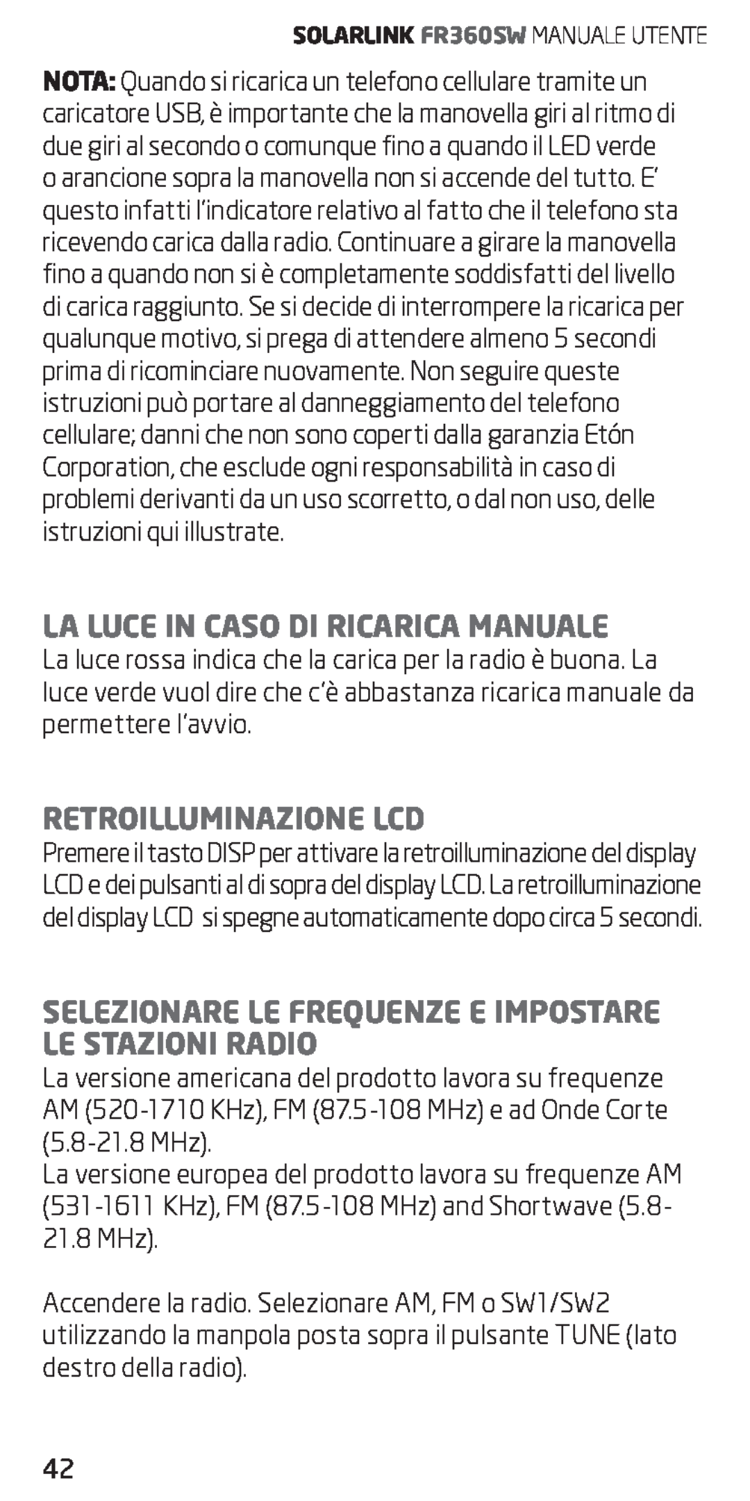 Eton FR360 owner manual La Luce In Caso Di Ricarica Manuale, Retroilluminazione Lcd 