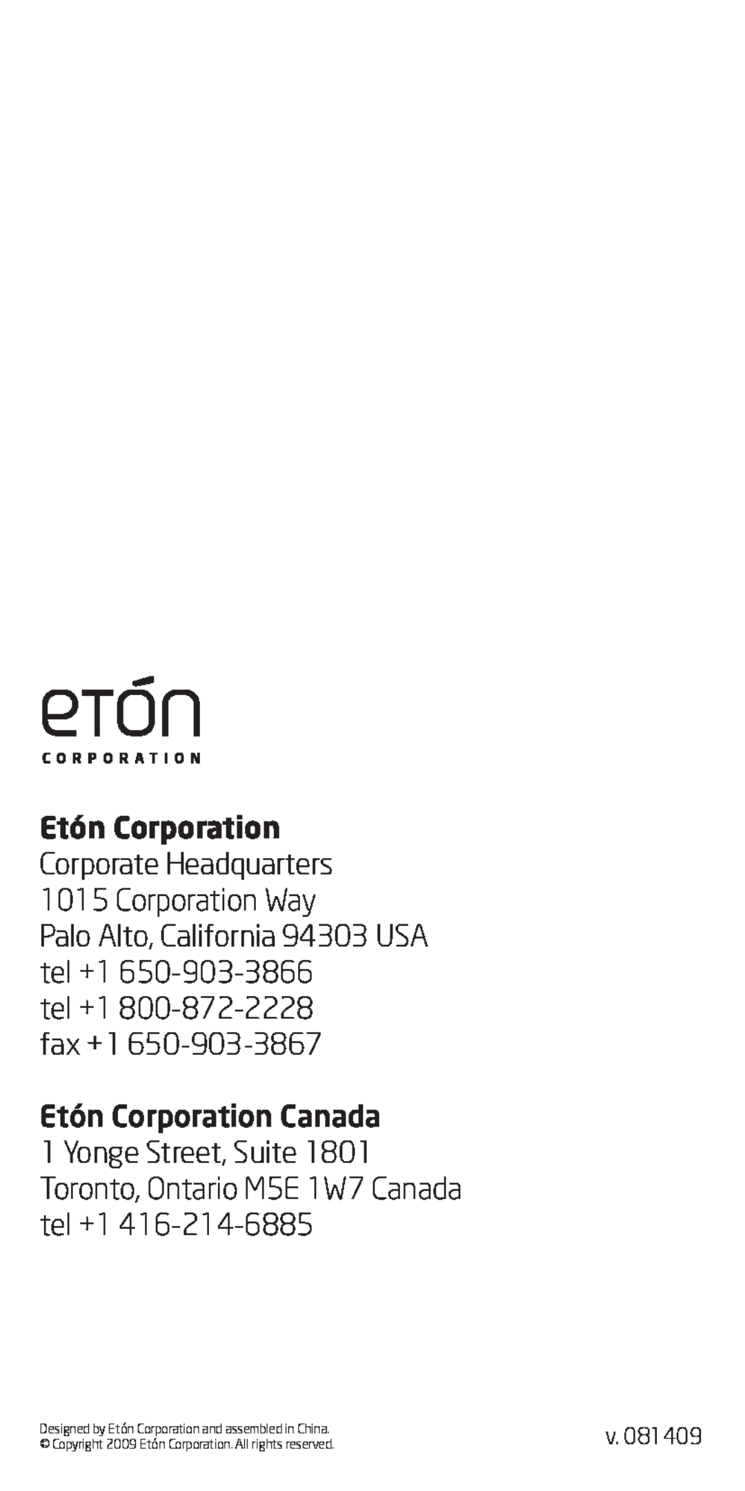 Eton FR360 owner manual Palo Alto, California 94303 USA tel +1, tel +1 800-872-2228fax +1 