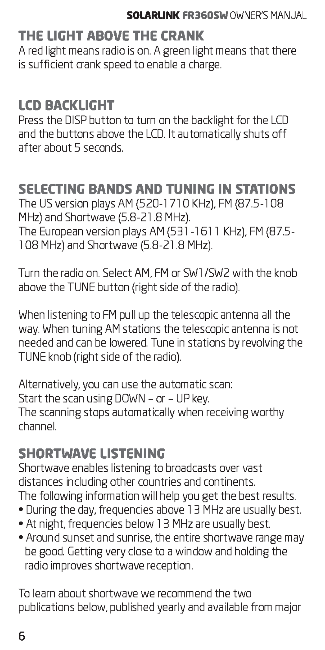 Eton FR360 The Light Above The Crank, Lcd Backlight, Selecting Bands And Tuning In Stations, Shortwave Listening 