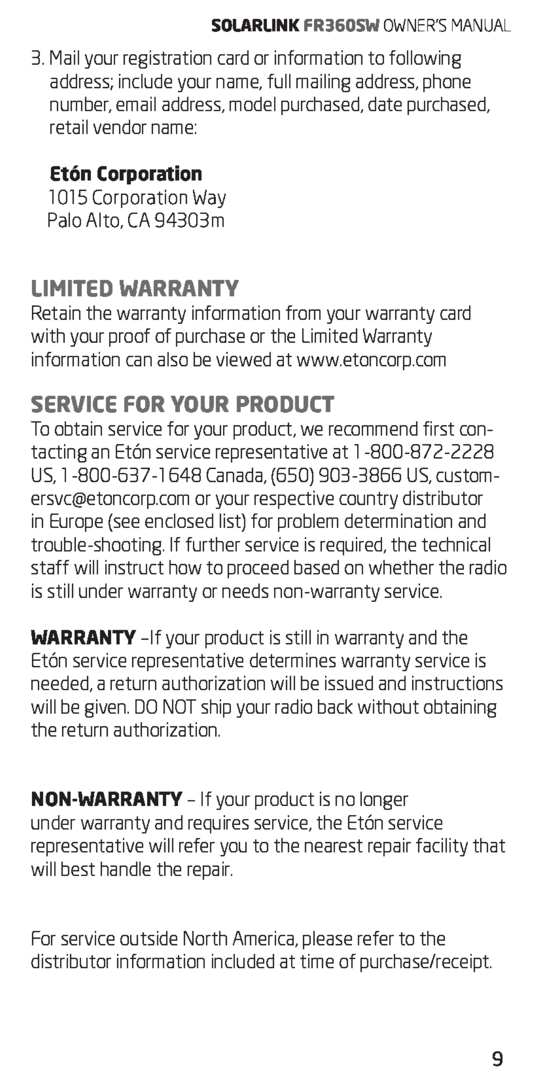 Eton FR360 owner manual Limited Warranty, Service For Your Product 