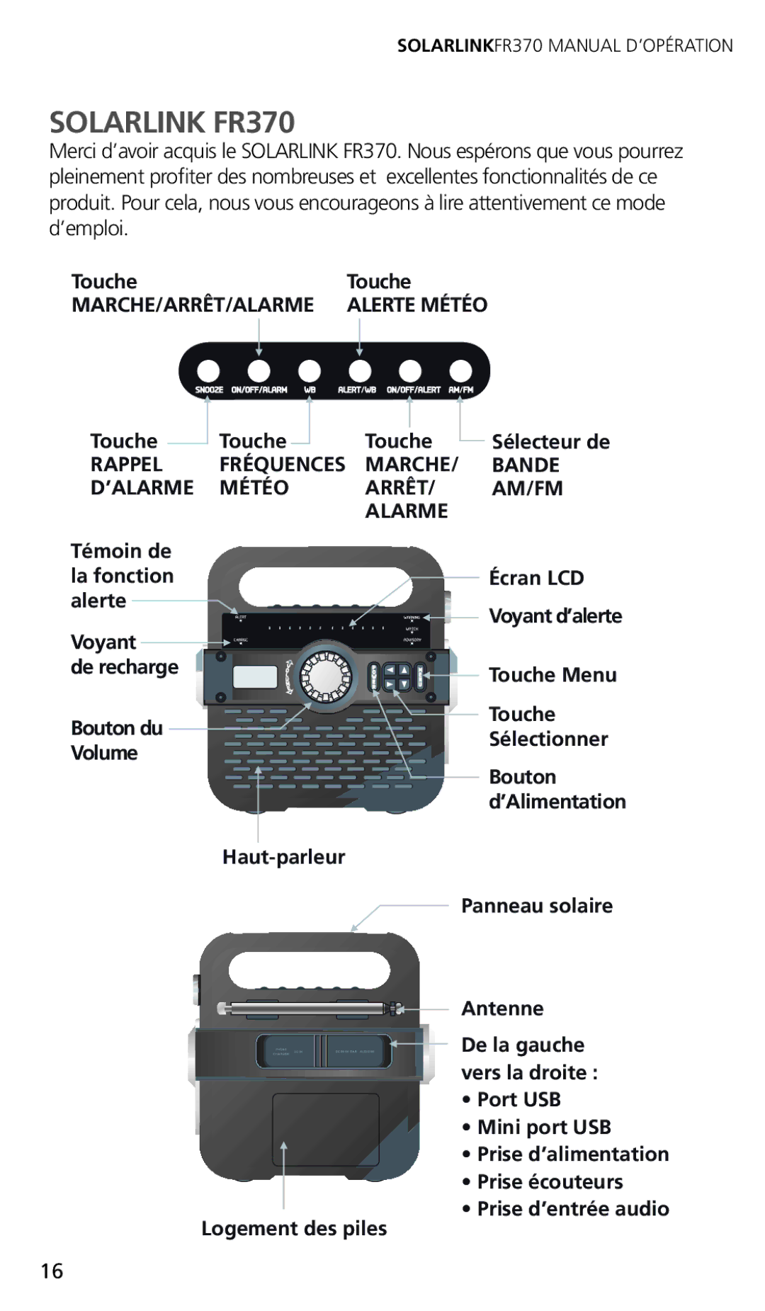 Eton FR370 owner manual Marche/Arrêt/Alarme 