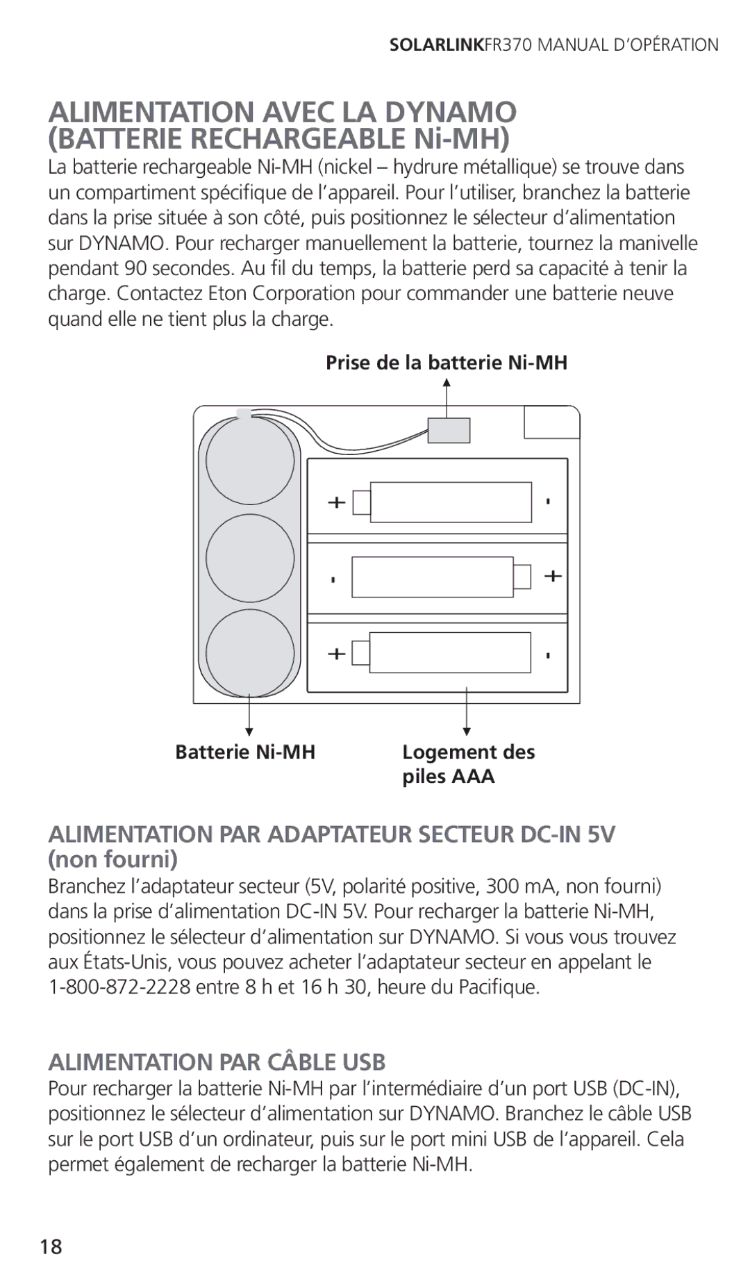 Eton FR370 owner manual Alimentation Avec LA Dynamo Batterie Rechargeable Ni-MH 