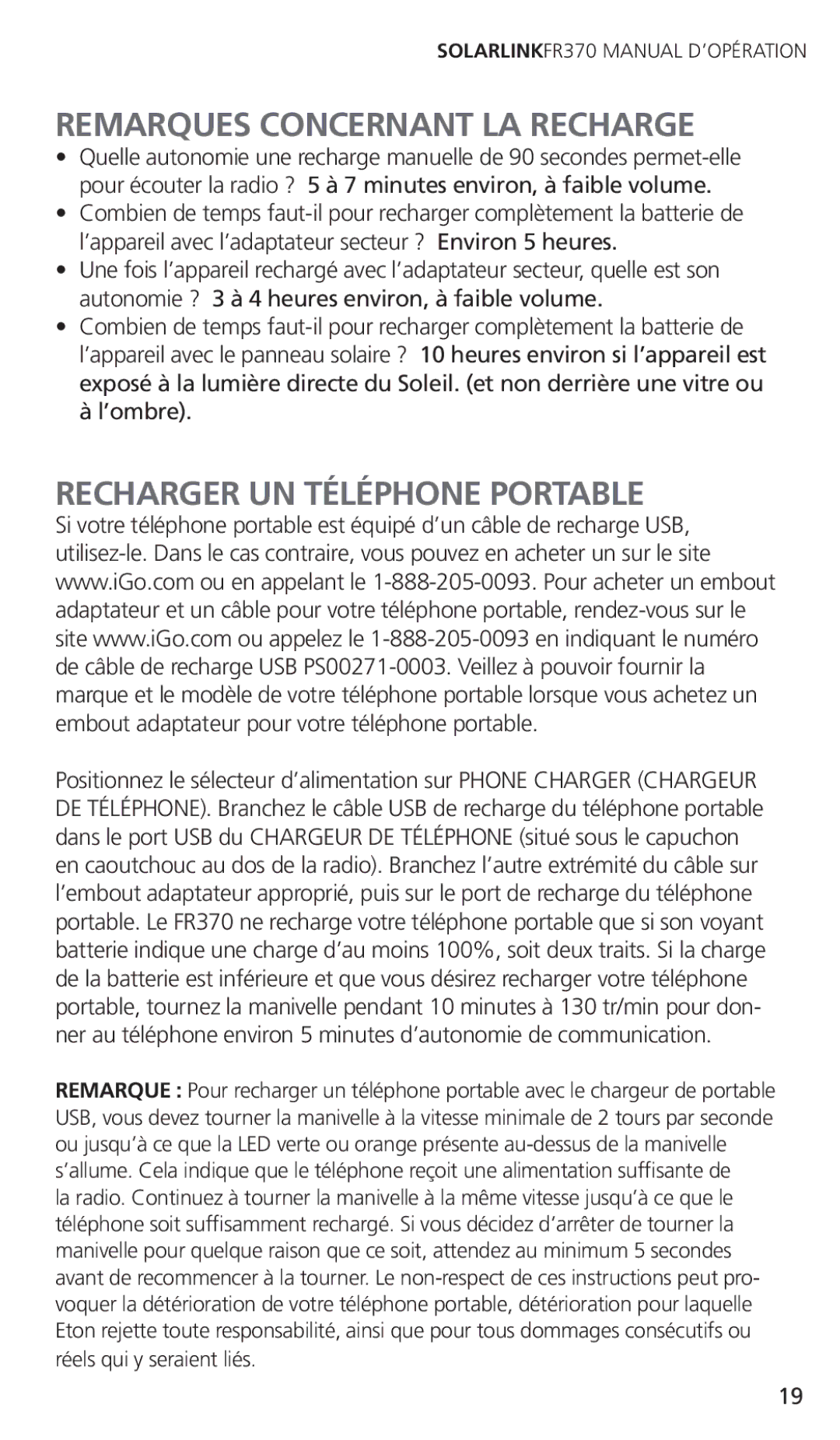 Eton FR370 owner manual Remarques Concernant LA Recharge, Recharger UN Téléphone Portable 