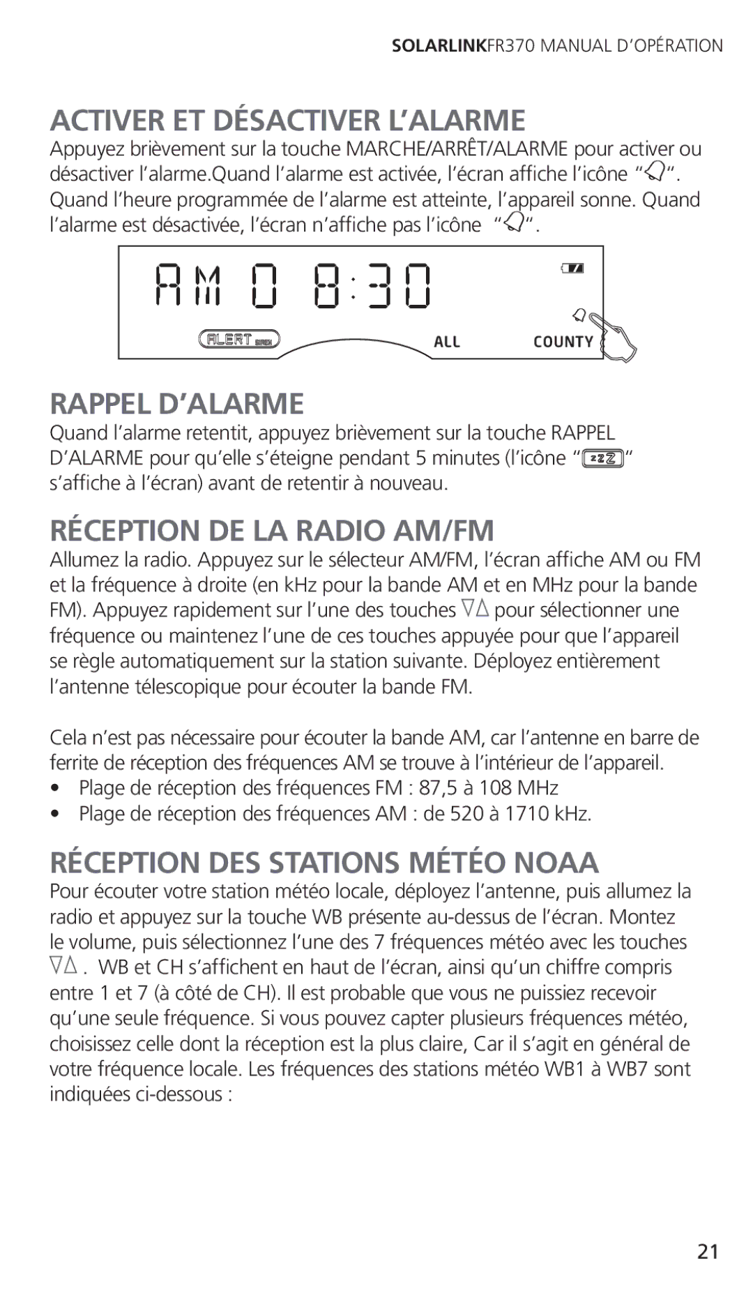 Eton FR370 Activer ET Désactiver L’ALARME, Rappel D’ALARME, Réception DE LA Radio AM/FM, Réception DES Stations Météo Noaa 