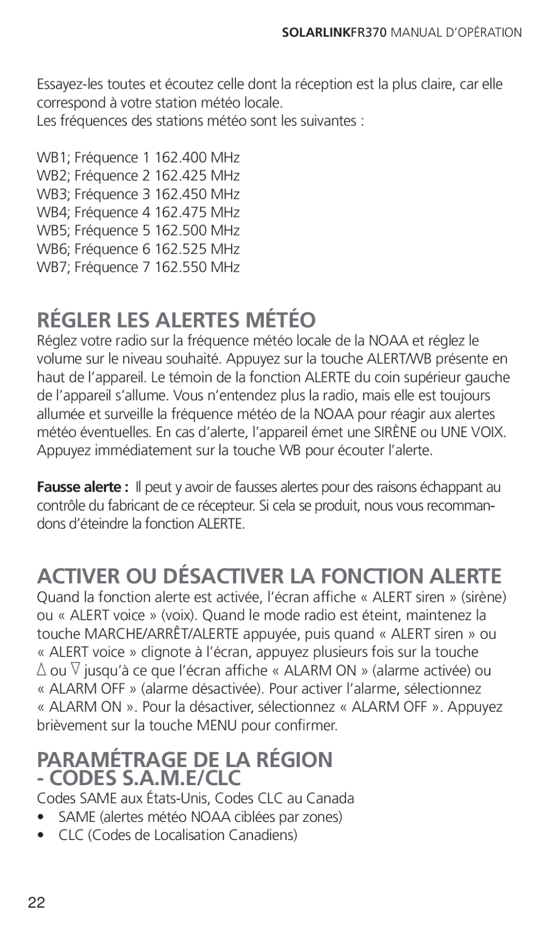 Eton FR370 owner manual Régler LES Alertes Météo, Activer OU Désactiver LA Fonction Alerte 