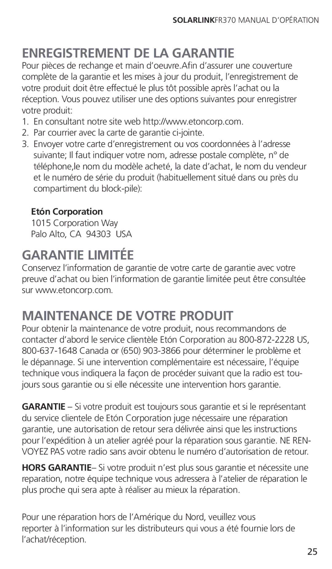 Eton FR370 owner manual Enregistrement DE LA Garantie, Garantie Limitée Maintenance DE Votre Produit 