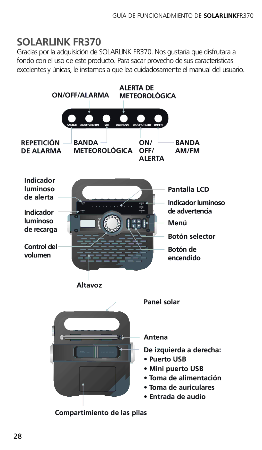 Eton FR370 owner manual Indicador Luminoso Pantalla LCD De alerta 