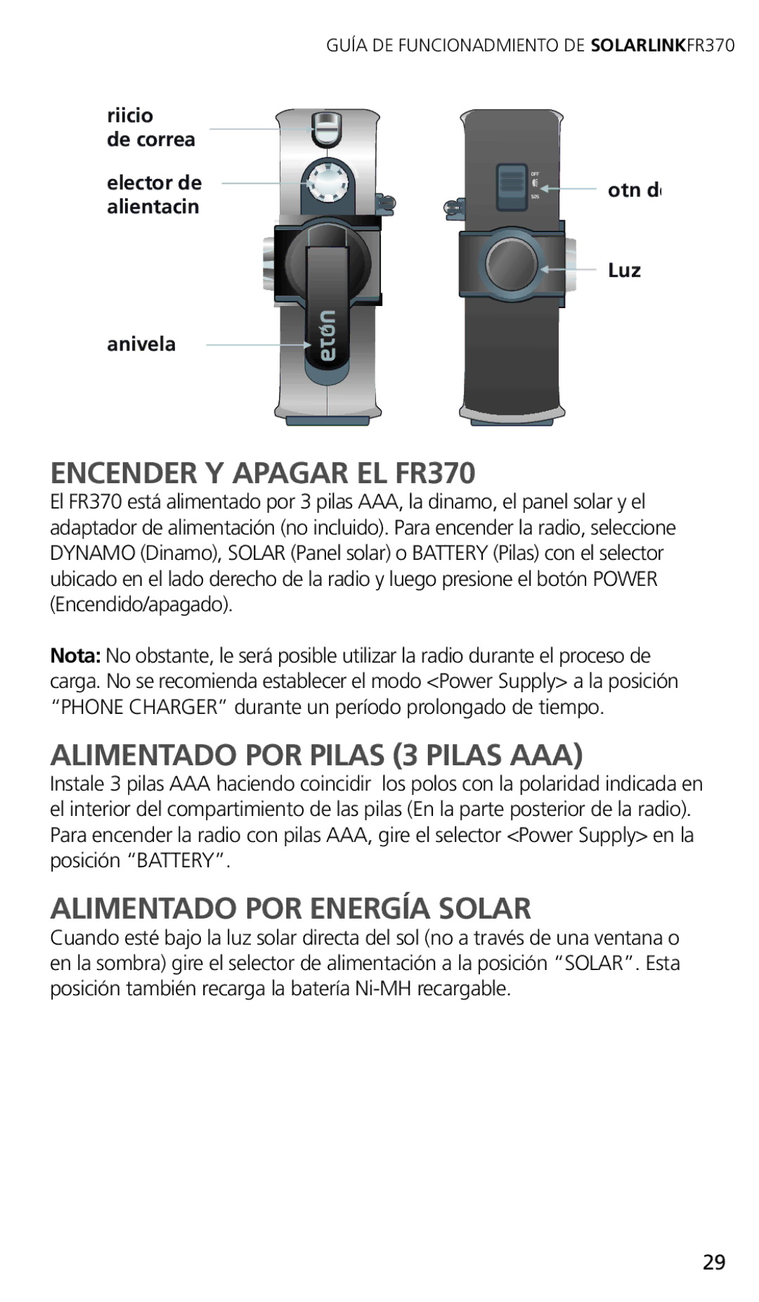 Eton owner manual Encender Y Apagar EL FR370, Alimentado POR Pilas 3 Pilas AAA, Alimentado POR Energía Solar 