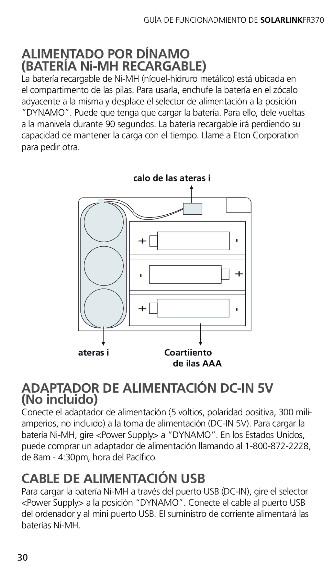 Eton FR370 owner manual Cable DE Alimentación USB, Alimentado POR Dínamo Batería Ni-MH Recargable 