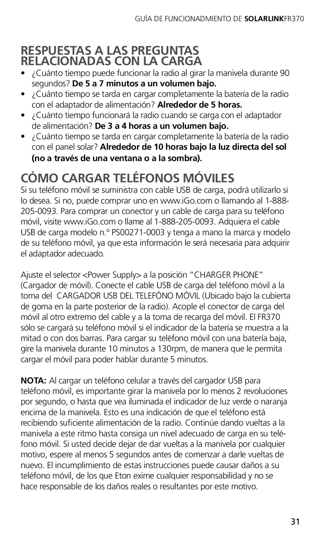 Eton FR370 owner manual Respuestas a LAS Preguntas Relacionadas CON LA Carga, Cómo Cargar Teléfonos Móviles 