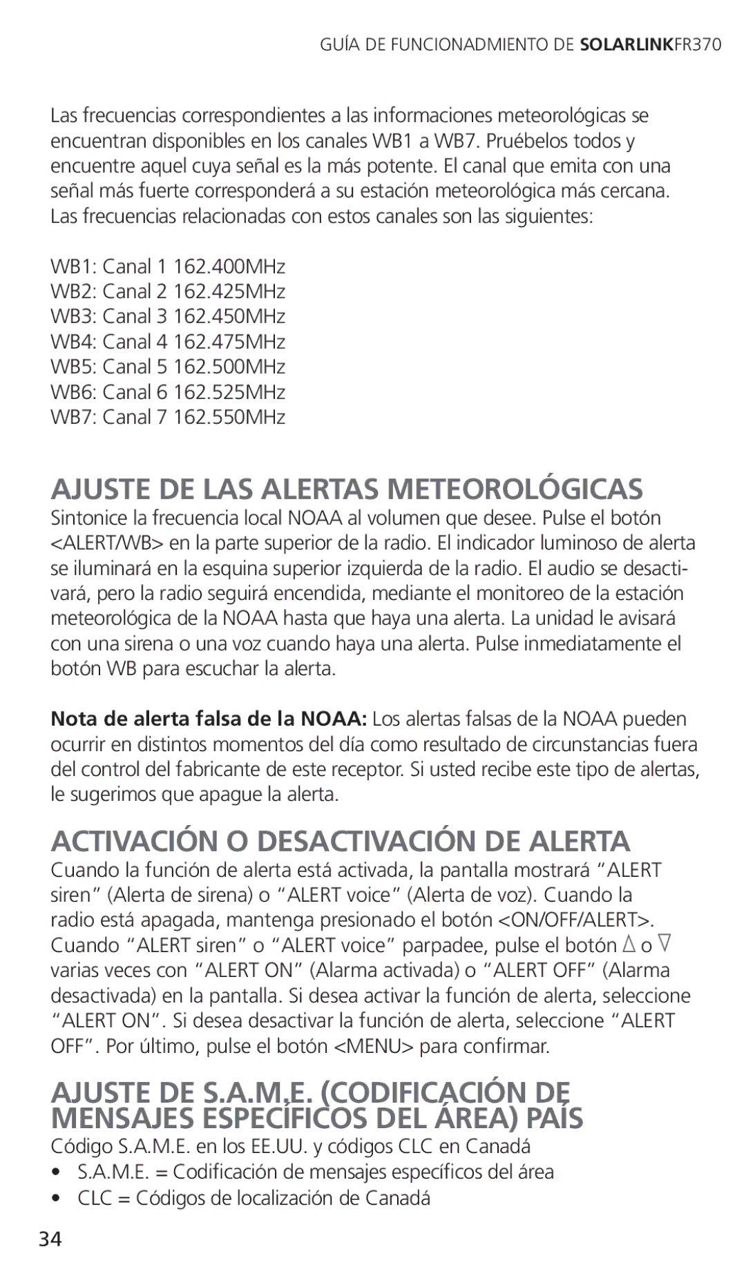 Eton FR370 owner manual Ajuste DE LAS Alertas Meteorológicas, Activación O Desactivación DE Alerta 