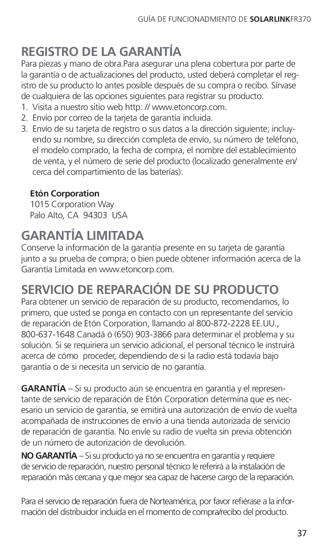 Eton FR370 owner manual Registro DE LA Garantía, Garantía Limitada Servicio DE Reparación DE SU Producto 