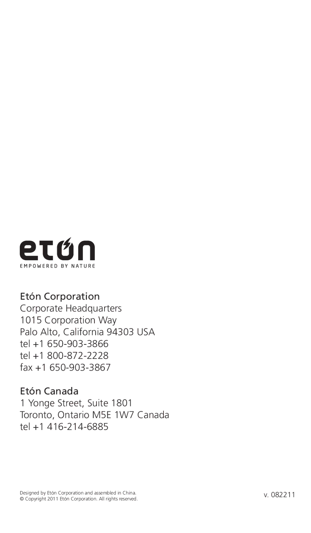 Eton FR370 owner manual Etón Corporation Corporate Headquarters 1015 Corporation Way 