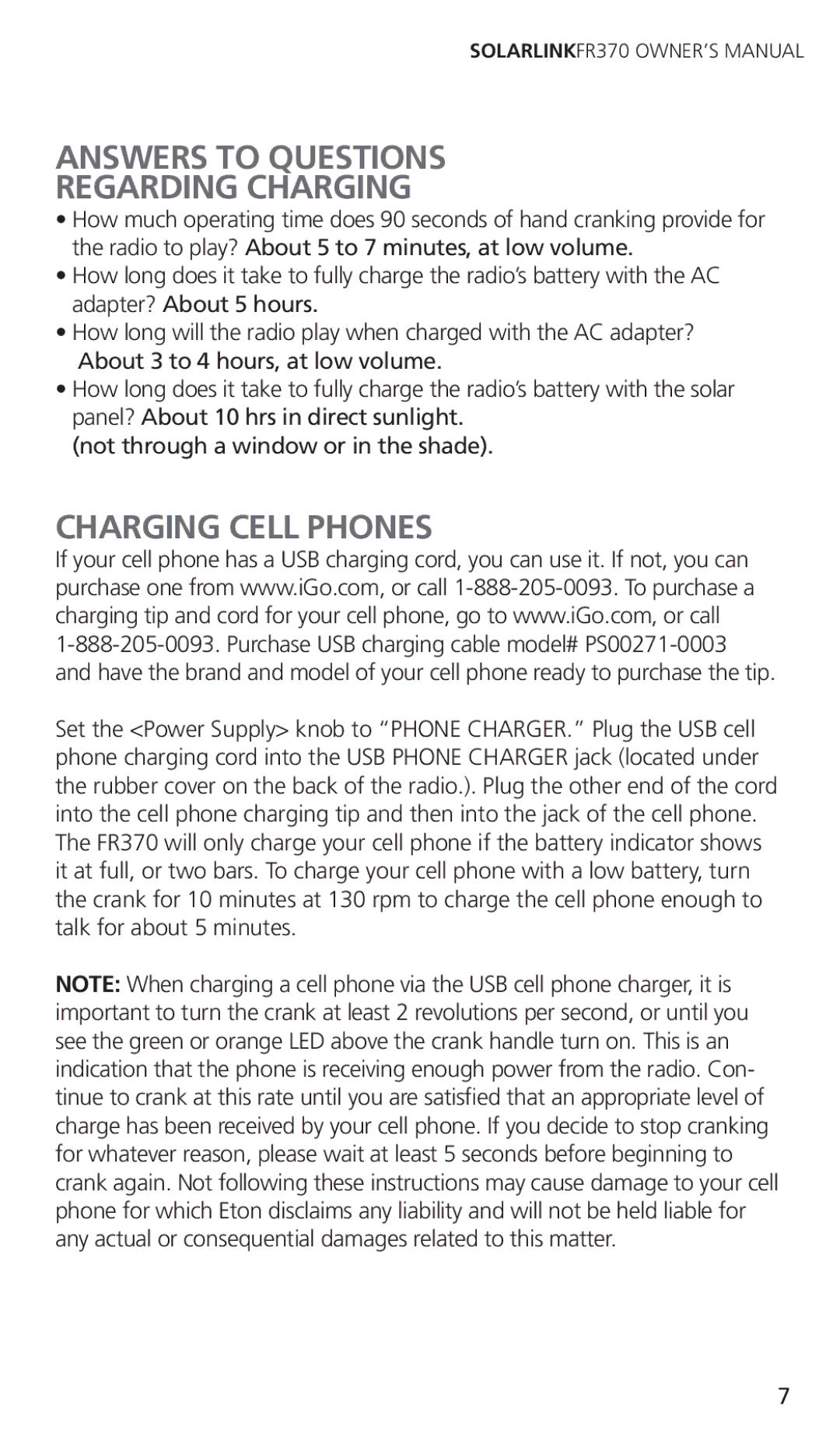 Eton FR370 owner manual Answers to Questions Regarding Charging, Charging Cell Phones 