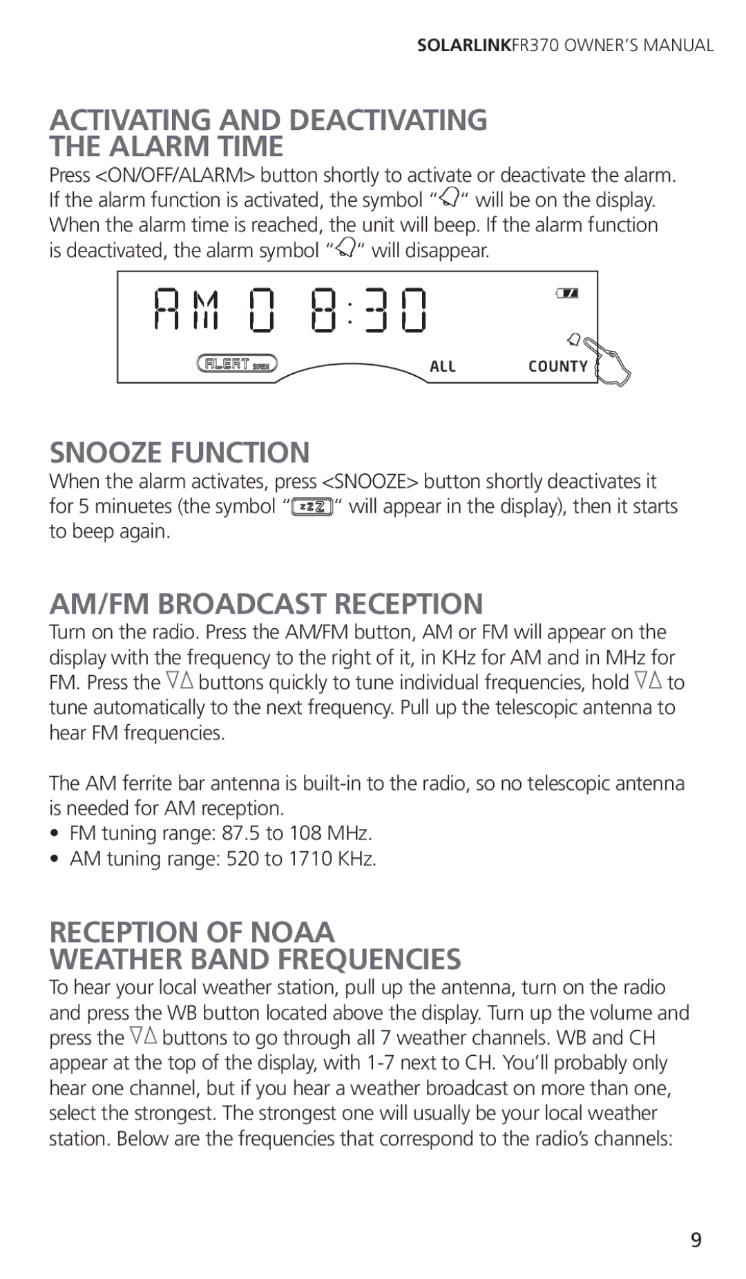 Eton FR370 Activating and Deactivating Alarm Time, AM/FM Broadcast Reception, Reception of Noaa Weather Band Frequencies 