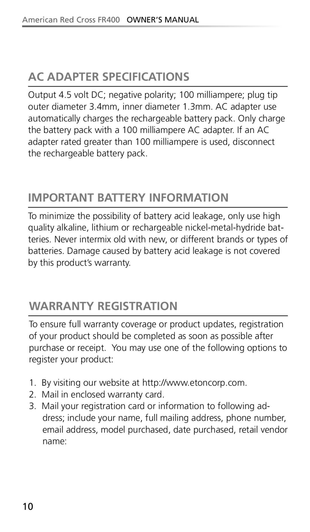 Eton FR400 owner manual AC Adapter Specifications, Important Battery Information, Warranty Registration 