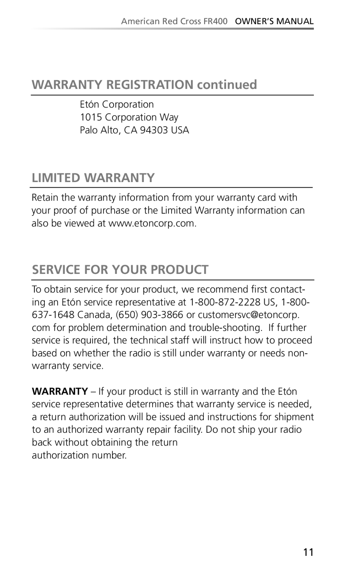 Eton FR400 owner manual Warranty Registration, Limited Warranty Service for Your Product 