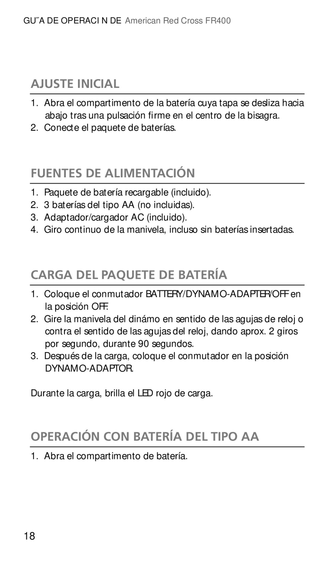 Eton FR400 Ajuste Inicial, Fuentes DE Alimentación, Carga DEL Paquete DE Batería, Operación CON Batería DEL Tipo AA 