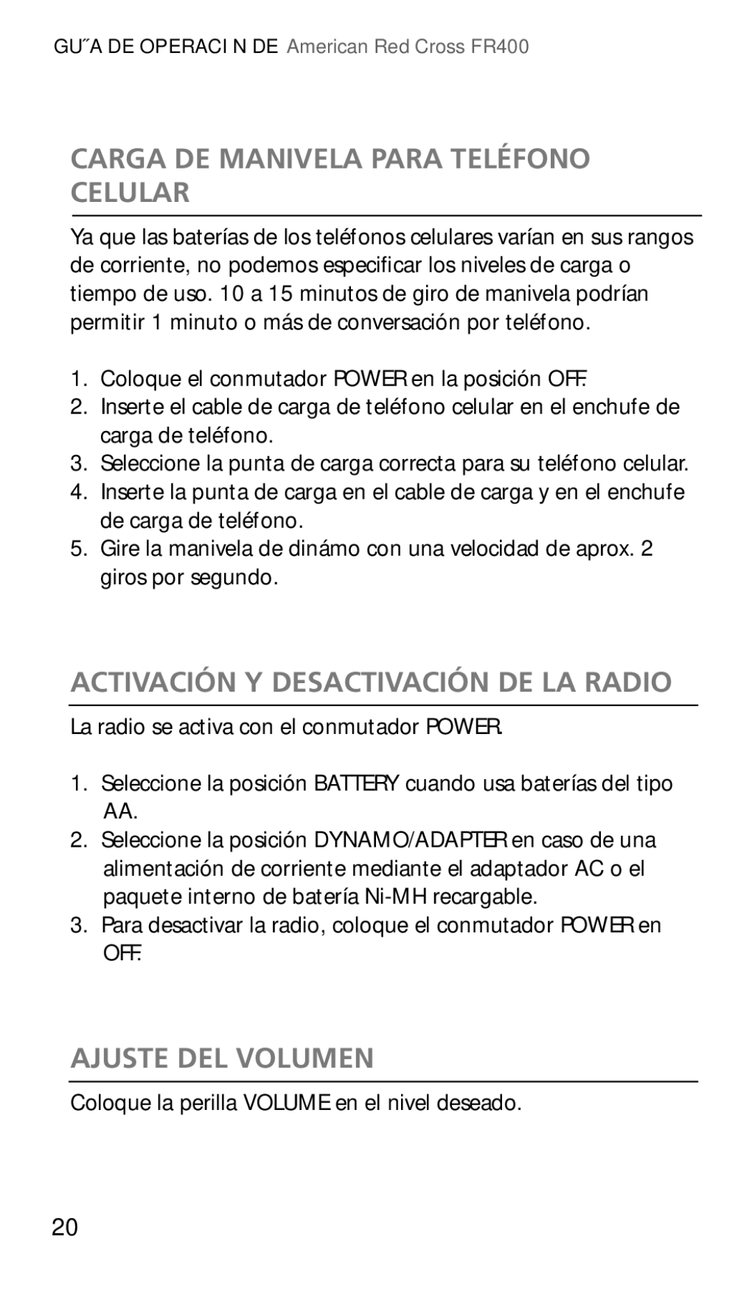 Eton FR400 owner manual Carga DE Manivela Para Teléfono Celular, Activación Y Desactivación DE LA Radio, Ajuste DEL Volumen 