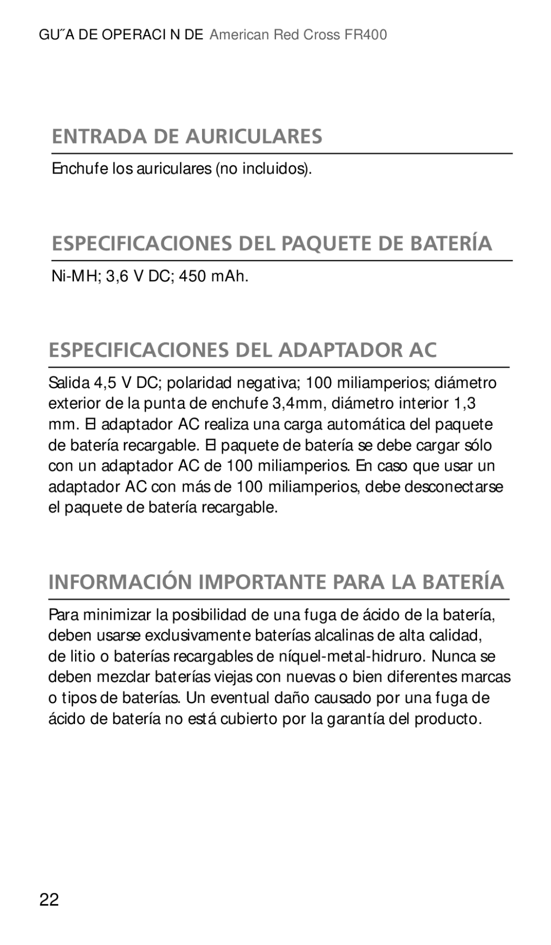 Eton FR400 owner manual Entrada DE Auriculares, Especificaciones DEL Paquete DE Batería, Especificaciones DEL Adaptador AC 