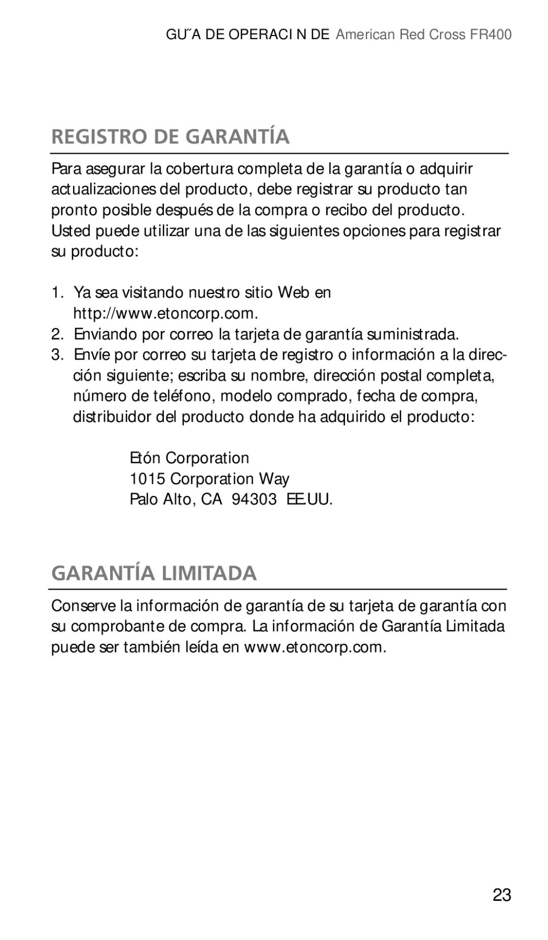 Eton FR400 owner manual Registro DE Garantía, Garantía Limitada 