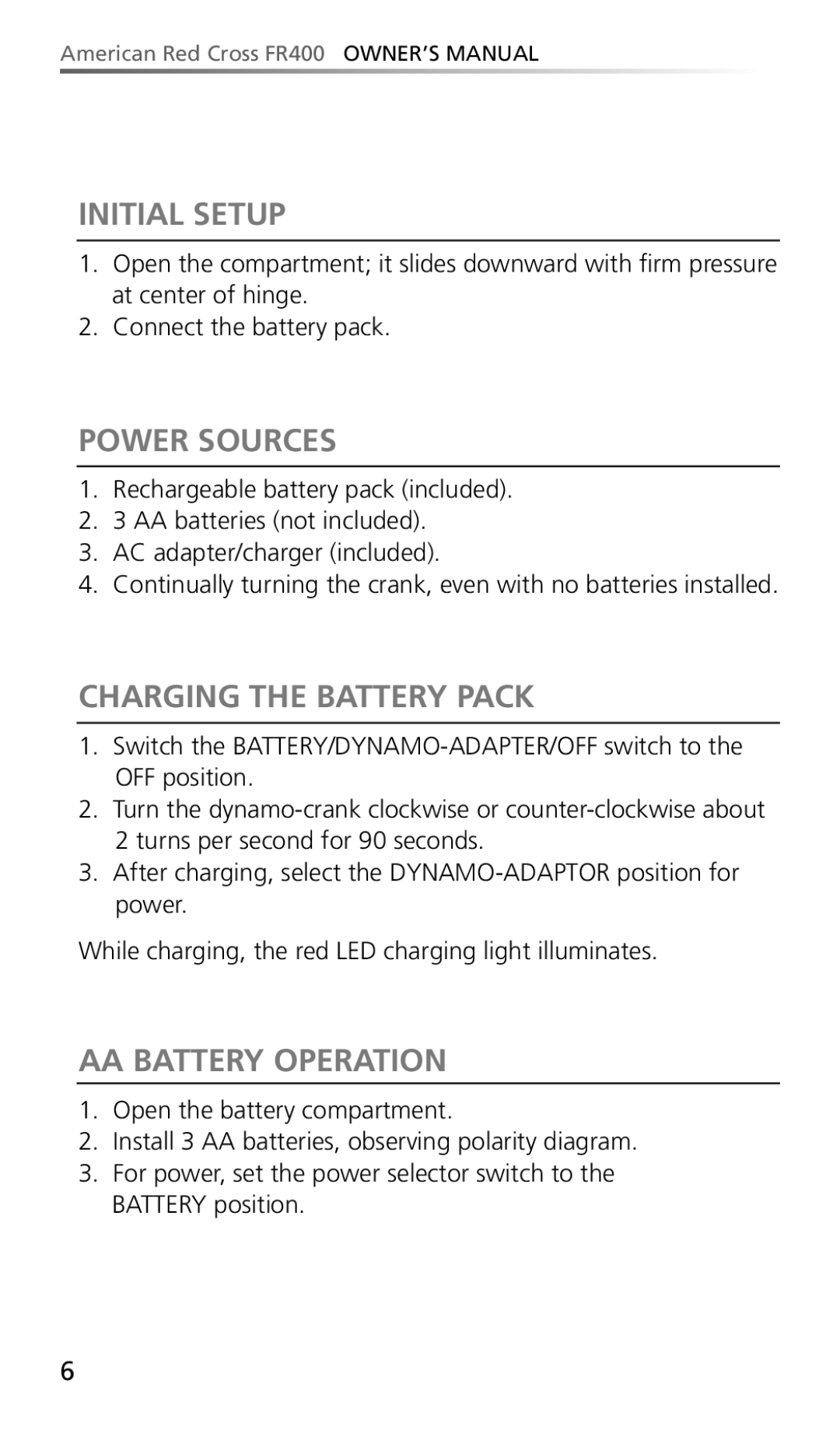 Eton FR400 owner manual Initial Setup, Power Sources, Charging the Battery Pack, AA Battery Operation 