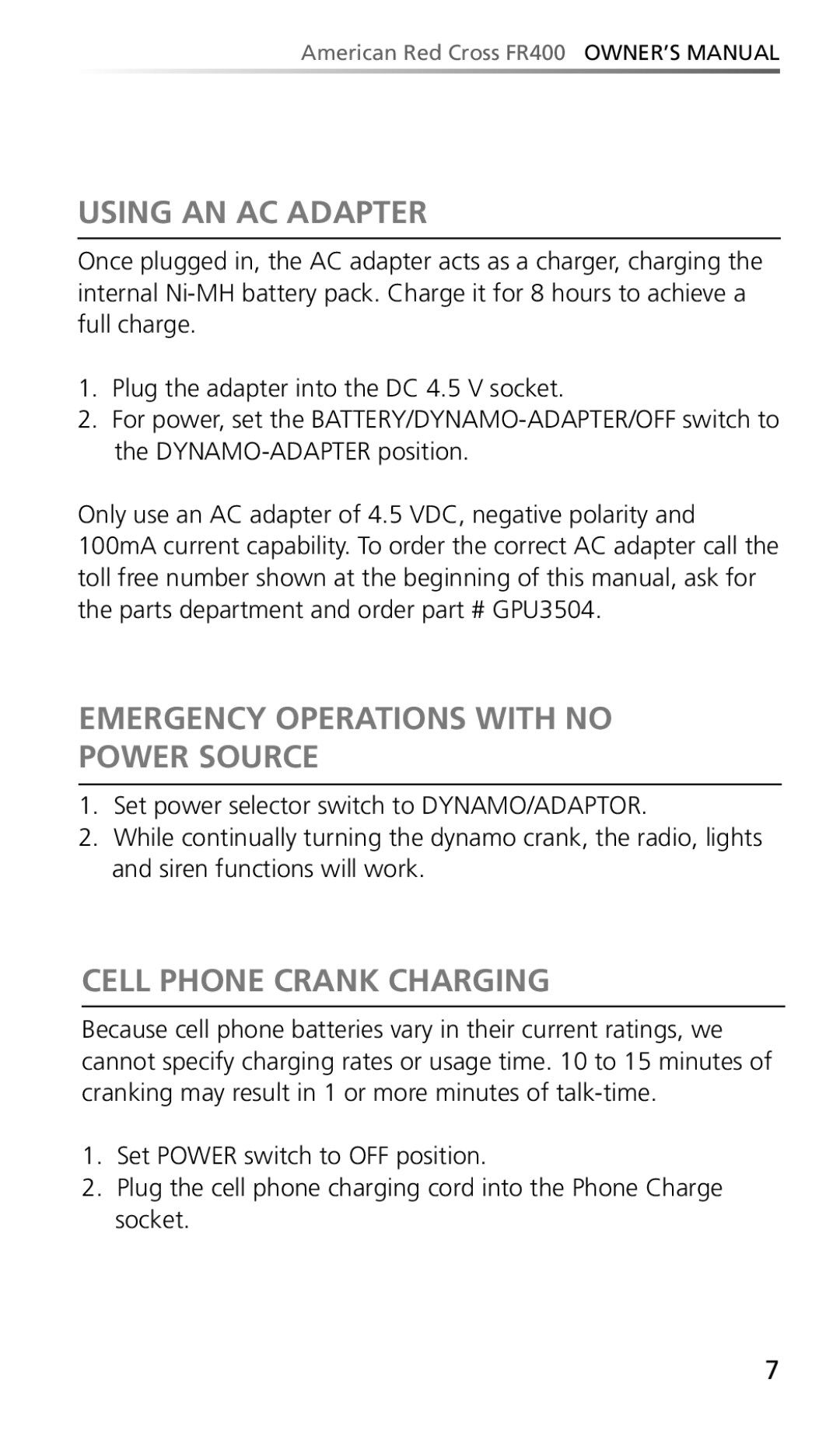 Eton FR400 owner manual Using AN AC Adapter, Emergency Operations with no Power Source, Cell Phone Crank Charging 