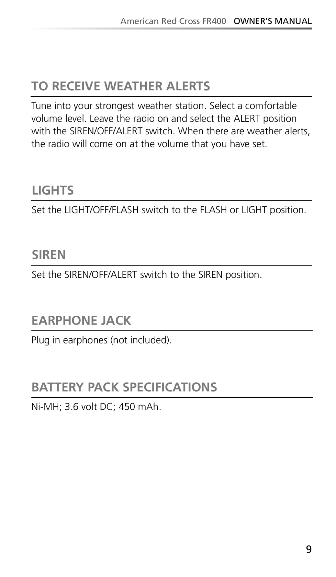 Eton FR400 owner manual To Receive Weather Alerts, Lights, Siren, Earphone Jack, Battery Pack Specifications 