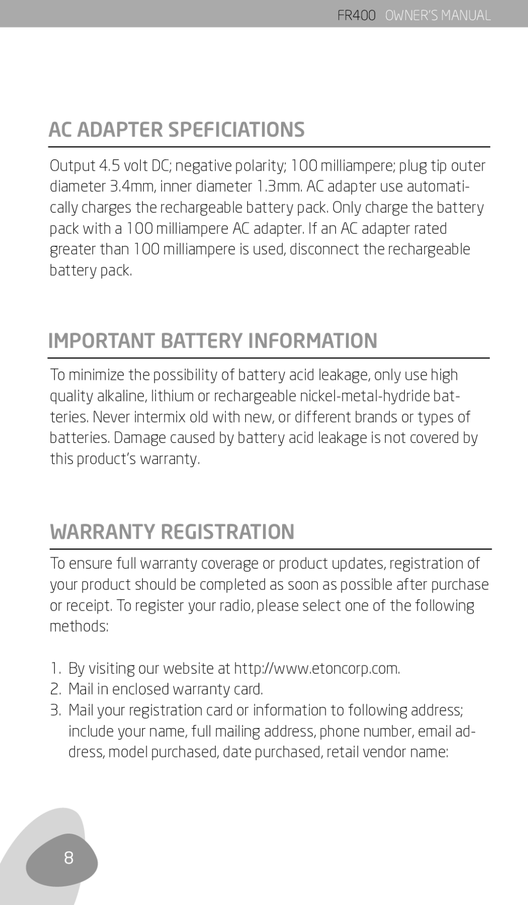 Eton FR400 owner manual AC Adapter Speficiations, Important Battery Information, Warranty Registration 