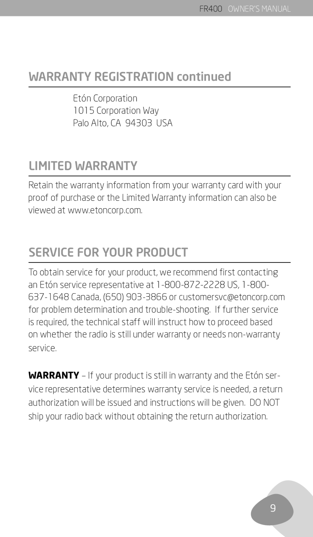 Eton FR400 owner manual Warranty Registration, Limited Warranty Service for Your Product 