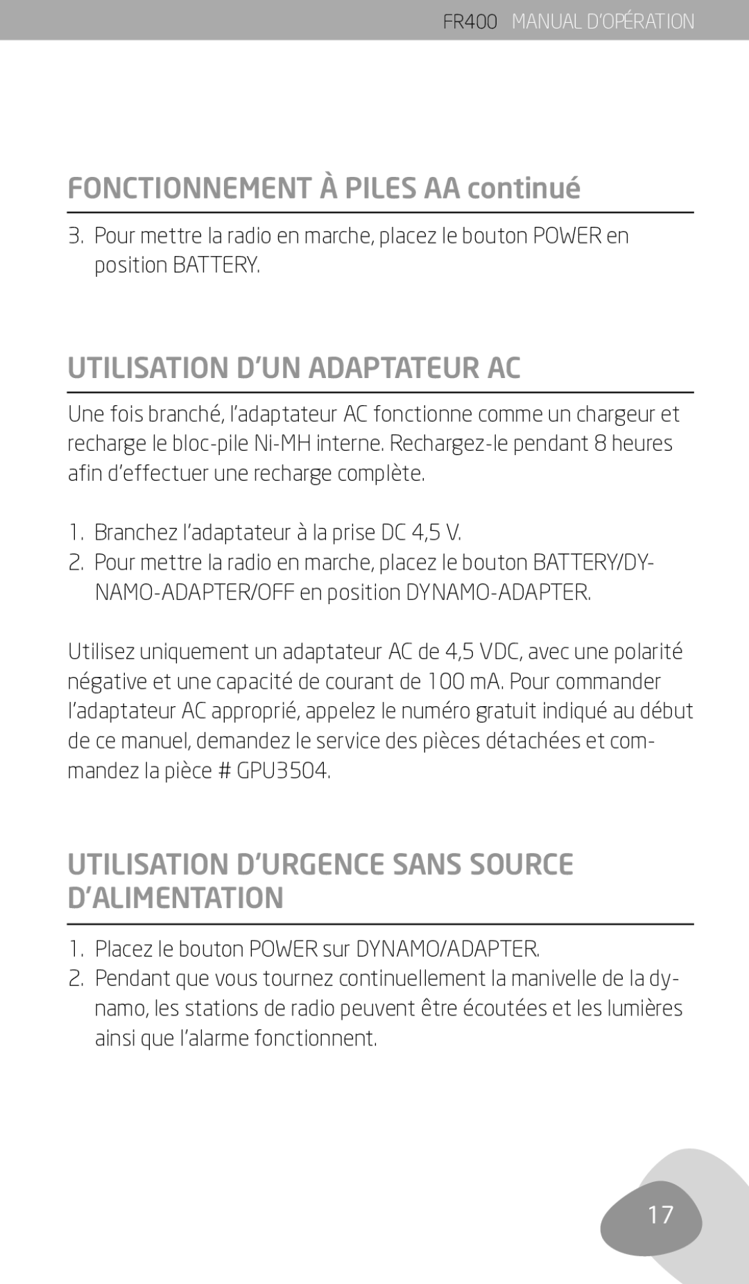 Eton FR400 Fonctionnement À Piles AA continué, Utilisation D’UN Adaptateur AC, Branchez l’adaptateur à la prise DC 4,5 