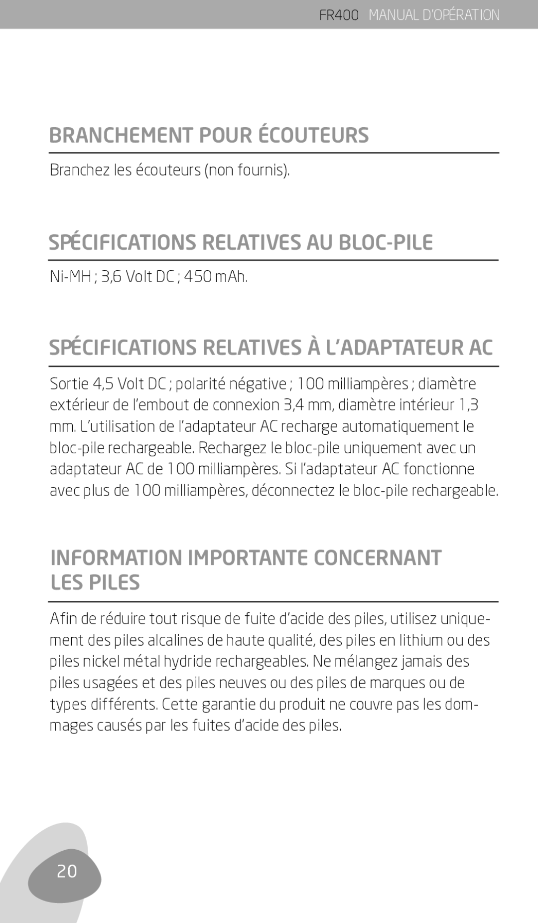 Eton FR400 Branchement Pour Écouteurs, Spécifications Relatives AU BLOC-PILE, Information Importante Concernant LES Piles 