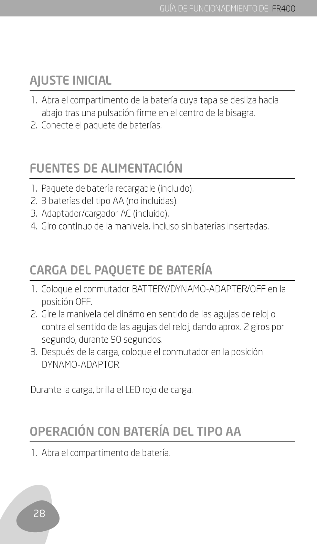 Eton FR400 Ajuste Inicial, Fuentes DE Alimentación, Carga DEL Paquete DE Batería, Operación CON Batería DEL Tipo AA 