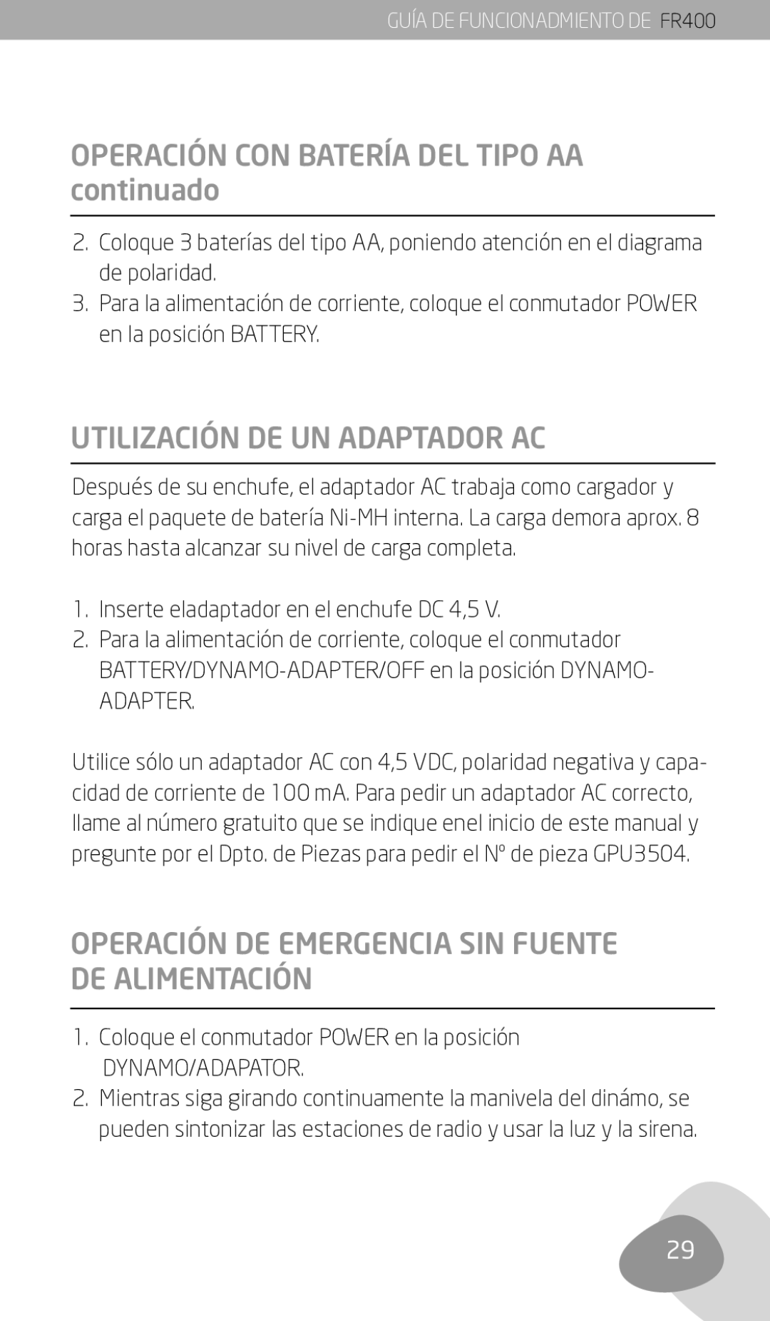 Eton FR400 owner manual Operación CON Batería DEL Tipo AA continuado, Utilización DE UN Adaptador AC 