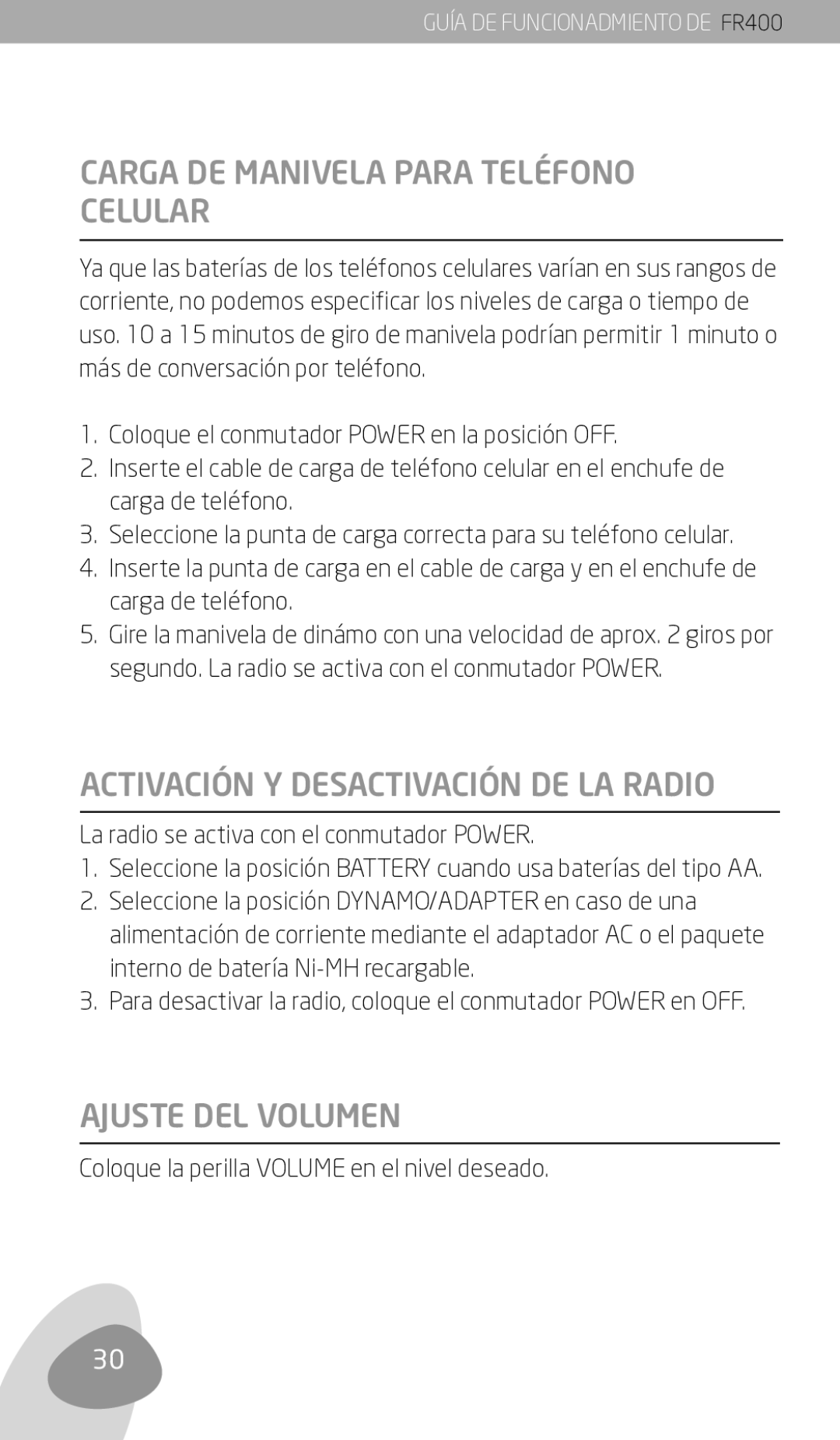 Eton FR400 owner manual Carga DE Manivela Para Teléfono Celular, Activación Y Desactivación DE LA Radio, Ajuste DEL Volumen 