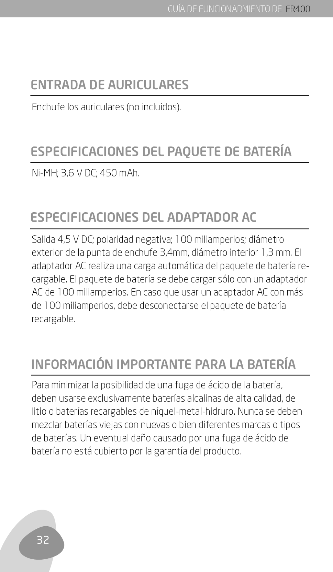 Eton FR400 owner manual Entrada DE Auriculares, Especificaciones DEL Paquete DE Batería, Especificaciones DEL Adaptador AC 