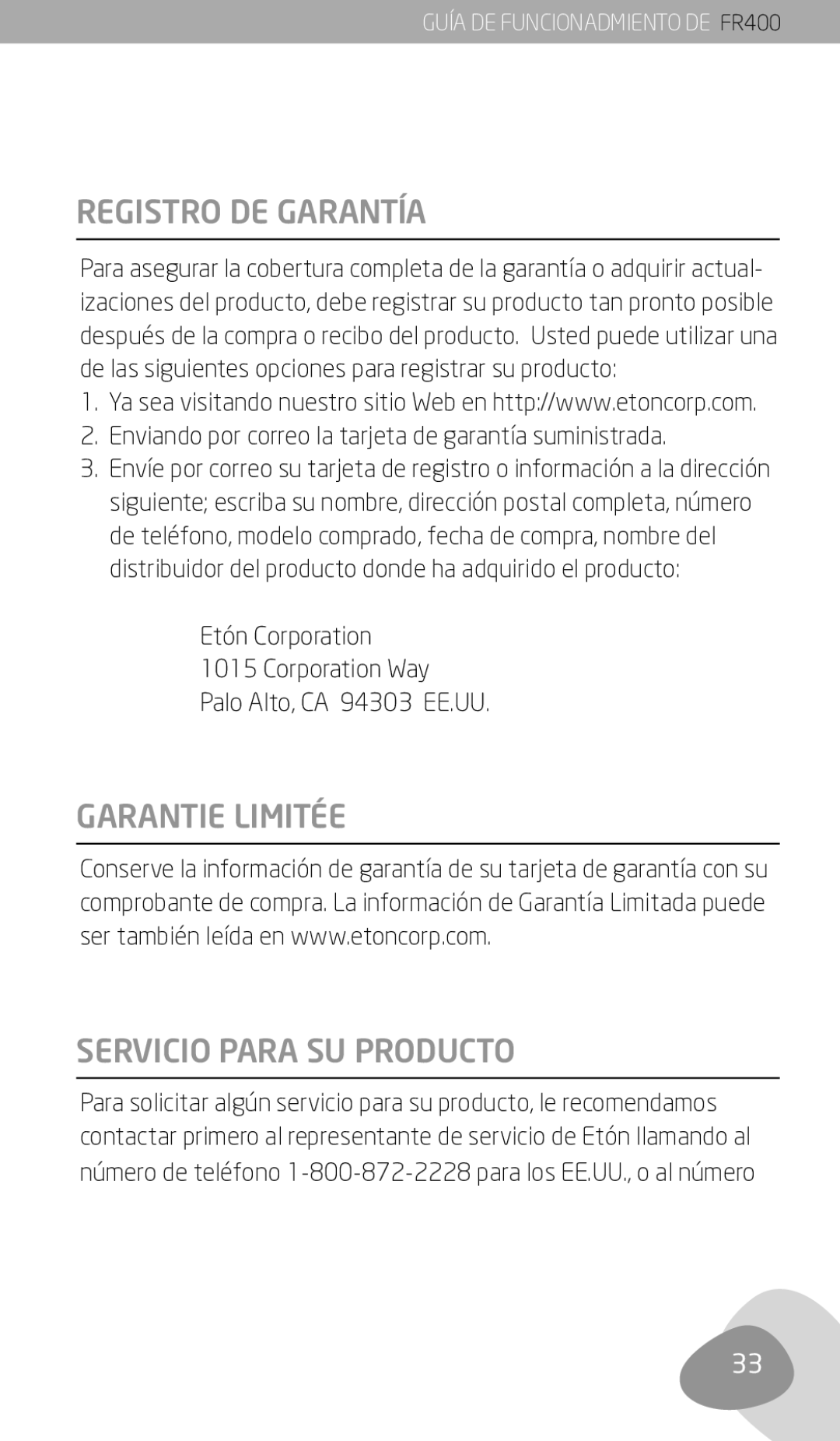 Eton FR400 owner manual Registro DE Garantía, Garantie Limitée Servicio Para SU Producto 