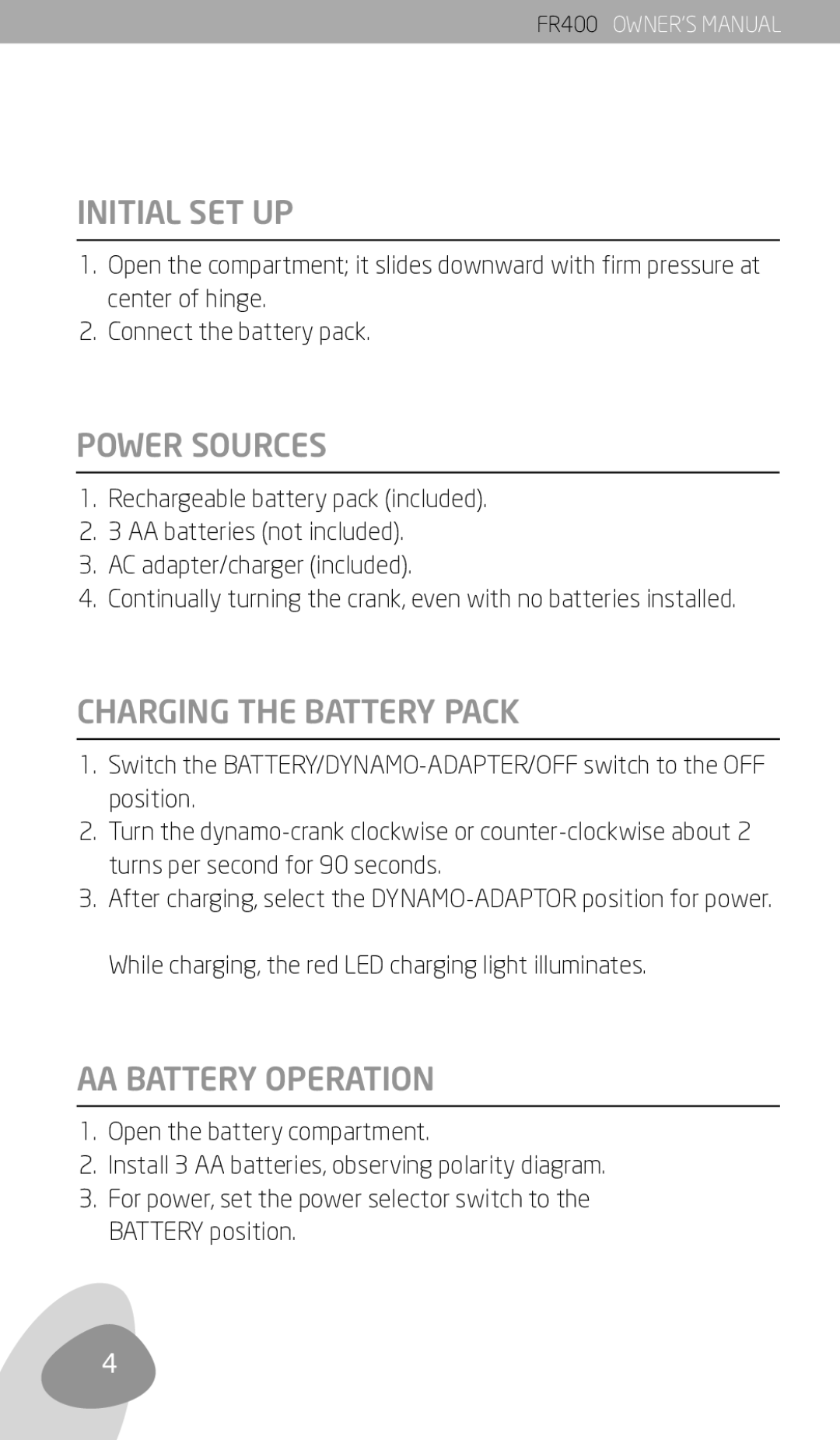 Eton FR400 owner manual Initial SET UP, Power Sources, Charging the Battery Pack, AA Battery Operation 