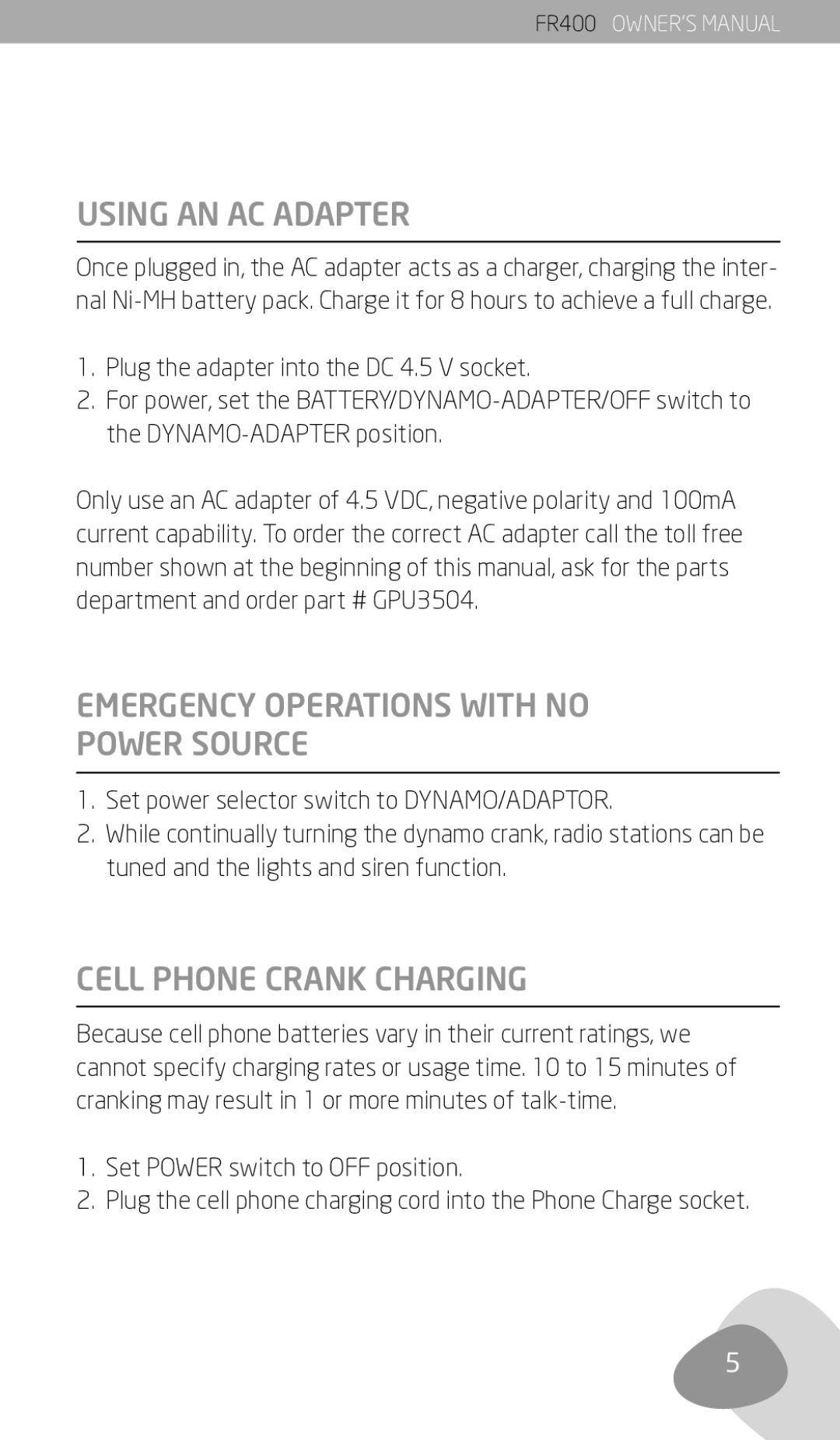 Eton FR400 owner manual Using AN AC Adapter, Emergency Operations with no Power Source, Cell Phone Crank Charging 