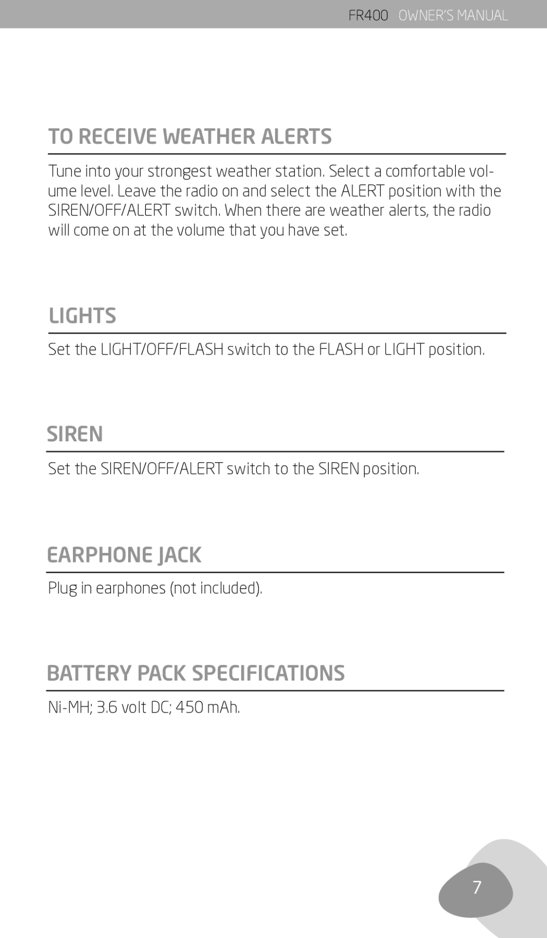 Eton FR400 owner manual To Receive Weather Alerts, Lights, Siren, Earphone Jack, Battery Pack Specifications 