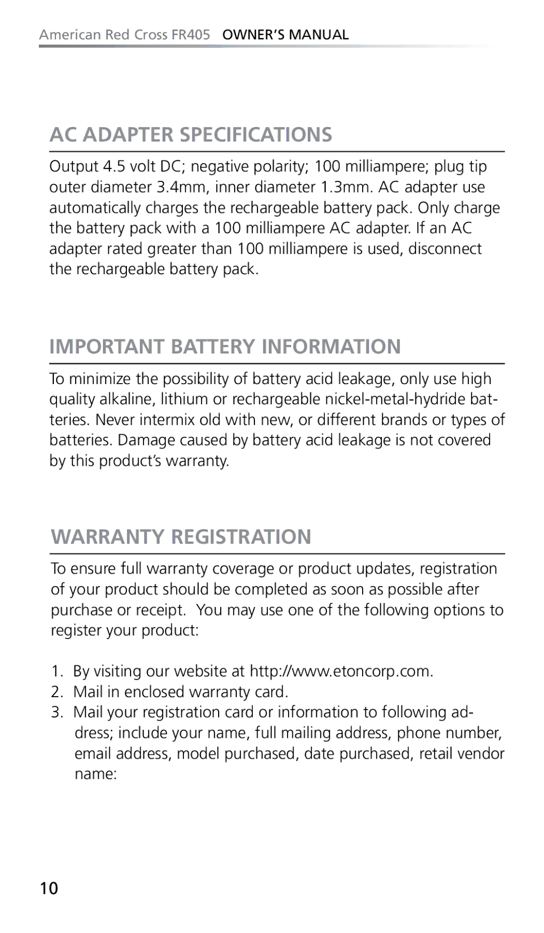 Eton FR405 owner manual AC Adapter Specifications, Important Battery Information, Warranty Registration 