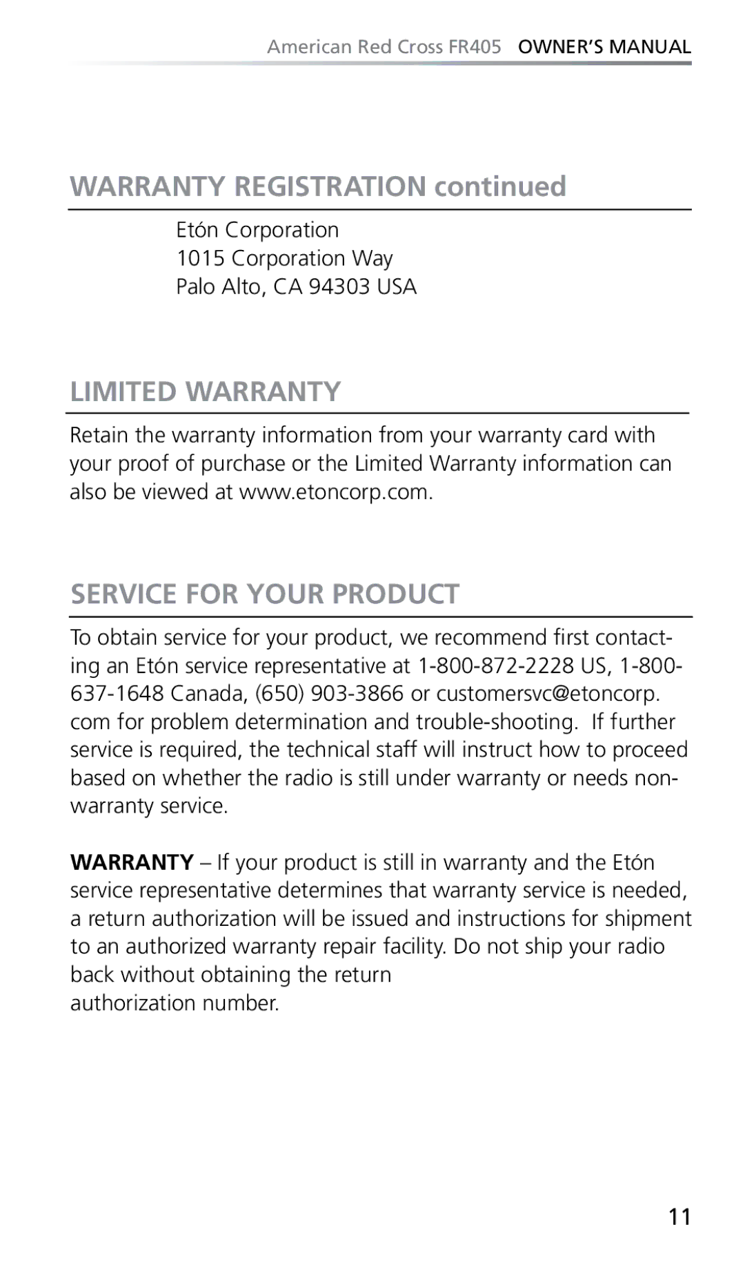 Eton FR405 owner manual Warranty Registration, Limited Warranty Service for Your Product 