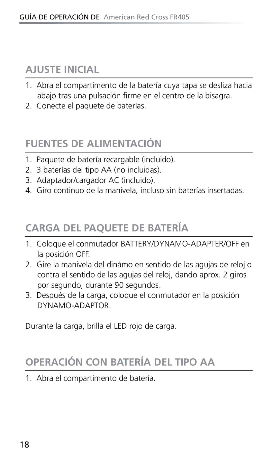 Eton FR405 Ajuste Inicial, Fuentes DE Alimentación, Carga DEL Paquete DE Batería, Operación CON Batería DEL Tipo AA 